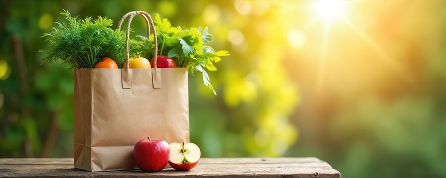 Paper shopping bag with fresh fruits and greens is standing on wooden table. Red apple is near. Concept of zero waste lifestyle and healthy diet with seasonal products and nutrition.