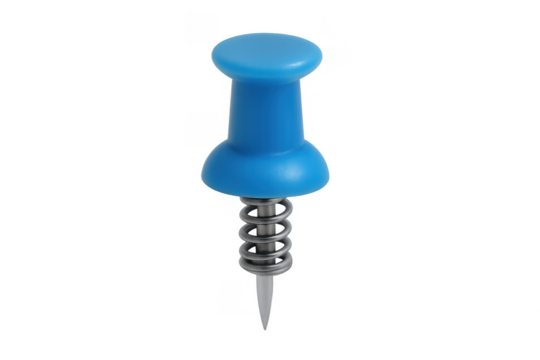 Blue push pin with spring mechanism on transparent background