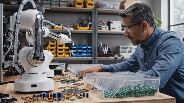 Man Supervises Robotic Arm Sorting Electronic Components in Home Workshop, Showcasing Precision and Technology with Automation and Synchronized Movement
