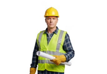 A construction worker wearing a yellow hard hat and a bright yellow safety vest holding rolled up blueprints isolated on transparent background