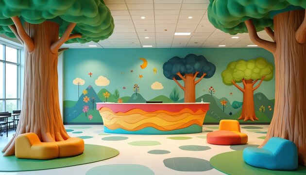 Bright pediatric hospital lobby with playful tree art and colorful seating. Whimsical nature mural welcomes children and families. Modern, cheerful waiting area designed for comfort and engagement.