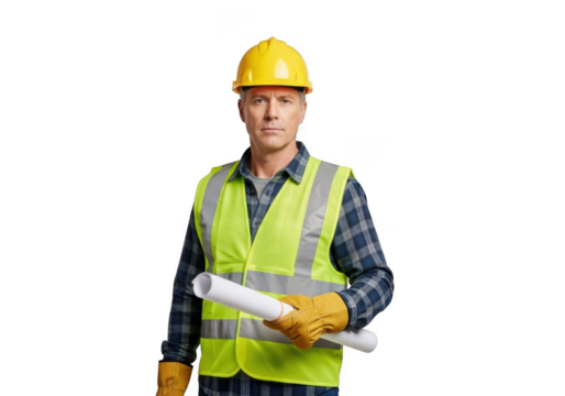 A construction worker wearing a yellow hard hat and a bright yellow safety vest holding rolled up blueprints isolated on transparent background