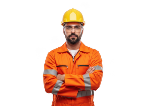 A serious construction worker wearing an orange uniform and yellow hard hat stands with arms crossed isolated on transparent background