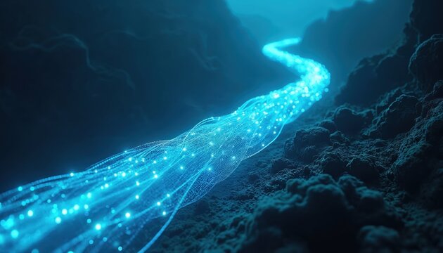 Illustration of underwater fiber optic cables. Glowing network structure snakes across the ocean floor. Data transfer concept and global communication are represented in this digital illustration.