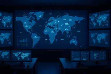 High tech control room with multiple screens displaying global shipping routes, maritime tracking data, and international logistics monitoring in a secure operations center
