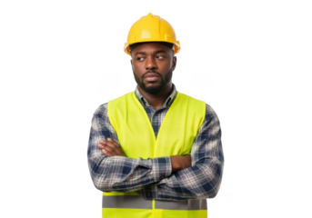 A black male construction worker wearing a yellow hard hat and a bright yellow safety vest with arms crossed looking to the side isolated on transparent background
