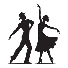 Silhouette of a couple dancing ballroom, isolated on white background