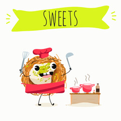 Funny Characters Turkish Traditional dessert, Kunafa, Konafa, Kanafeh, kadayif or mabroma, roll. Hand drawn vector illustration.