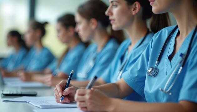 Young female nursing students in blue scrubs take notes in modern classroom setting. Focus intently on studies, learning essential healthcare skills. Future medical professionals prepare for