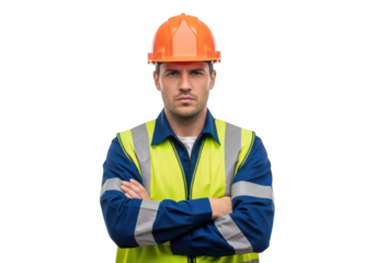 Serious construction worker wearing orange hard hat and high visibility safety vest with arms crossed isolated on transparent background