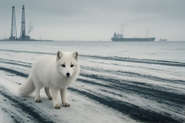 White Arctic fox standing on snowy industrial shoreline with ships and oil structures in background reflecting environmental impact and wildlife vulnerability
