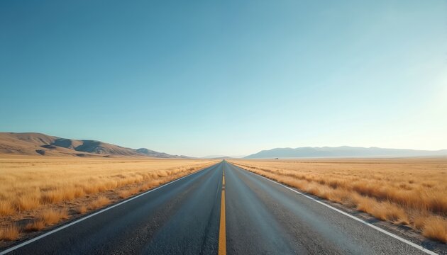 Long straight asphalt road stretches into distant horizon under bright clear blue sky. Vast golden dry grass fields, rolling hills line both sides of empty rural path. Road conveys journey, travel,