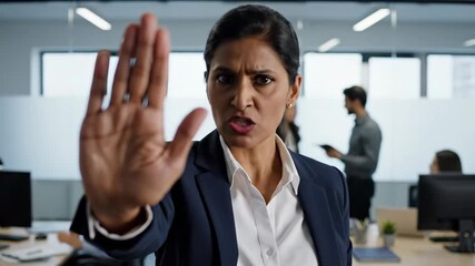 Serious Indian businesswoman in suit extending hand in stop gesture towards camera with blurred colleagues in office background symbolizing rejection prohibition and boundary setting - Powered by Adobe