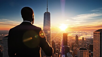 Rear view of African American businessman in suit looking at city skyline with tall skyscraper during golden sunset symbolizing corporate success vision and future ambition - Powered by Adobe