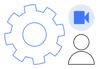 Gear, video icon, and user outline symbolize teamwork, innovation, and virtual networking. Ideal for collaboration, technology, communication, remote work connection development and automation