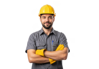 A confident male construction worker wearing a yellow hard hat and work gloves with arms crossed isolated on transparent background