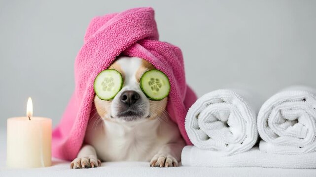 Cute chihuahua dog relaxing at spa with cucumber slices on eyes and pink towel on head next to white rolled towels and burning candle symbolizing pet wellness and pampering