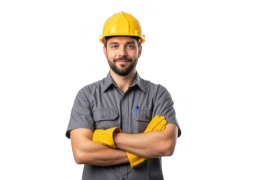 A confident male construction worker wearing a yellow hard hat and work gloves with arms crossed isolated on transparent background