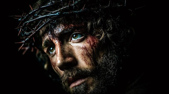 Jesus christ's anguished face with a crown of thorns and bloodied cheeks, a solemn close up symbolizing sacrifice, passion, suffering, and hope in christian tradition