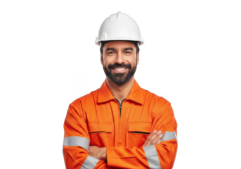 A smiling construction worker wearing a white hard hat and bright orange safety uniform with reflective stripes isolated on transparent background