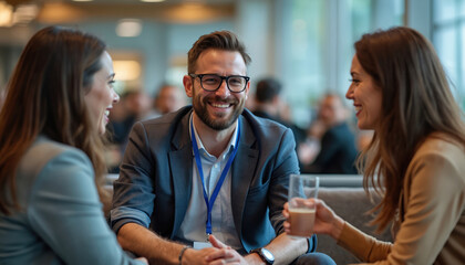 Business people enjoy break during a conference. Smiling colleagues talking in cafe. Man wears glasses smiles. Woman holds drink. Teamwork conversation communication professional development.