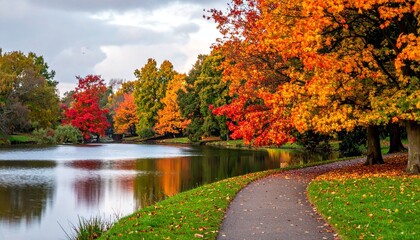 Autumn Park Lake Scene Colorful fall foliage.