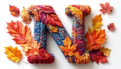 Autumn letter N with colorful foliage, and white.