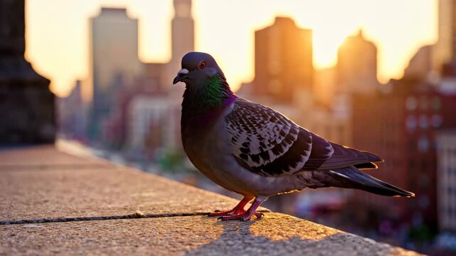Close up of grey pigeon perched on building ledge during golden sunset overlooking blurred New York City skyline with warm light and urban cityscape background