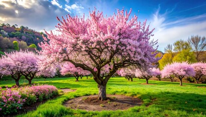 Blooming pink cherry trees in spring garden.