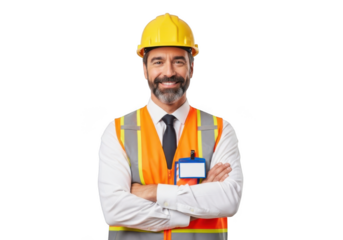 Construction worker wearing hard hat and high visibility vest with arms crossed isolated on transparent background