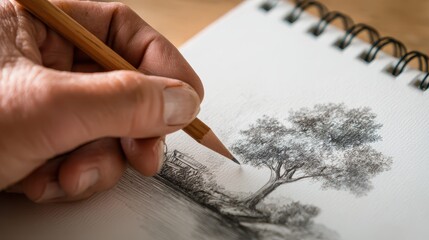 Human Hand Sketching a Tree in Notepad: An Artistic Take on Environmental Conservation