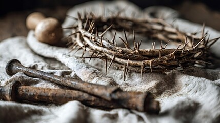 Crown of thorns, rusty nails, and a wooden hammer resting on a linen cloth, representing the biblical crucifixion, passion, and suffering of jesus christ during holy week and easter