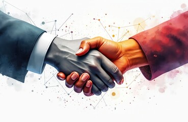 Digital handshake symbolizing business partnership, collaboration. Abstract network lines overlay hands representing connectivity, innovation. Suitable for marketing, technology or corporate themes.