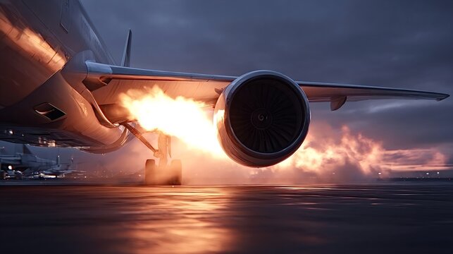 Jetliner engine roaring to life, fiery exhaust plume lighting the tarmac as the aircraft powers up for takeoff against a dramatic sunset sky, ready for departure