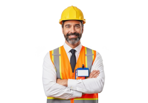 Construction worker wearing hard hat and high visibility vest with arms crossed isolated on transparent background