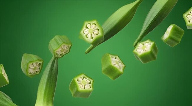 Vibrant green okra pods and freshly cut slices falling and floating against a bright green background