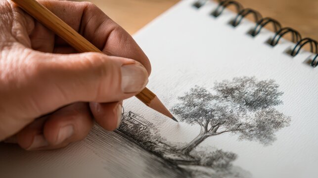 Human Hand Sketching a Tree in Notepad: An Artistic Take on Environmental Conservation