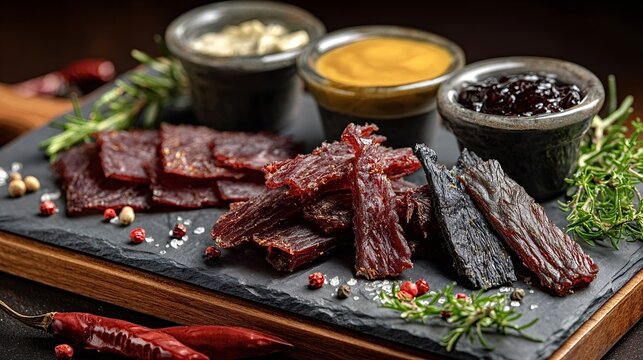 Assortment of beef jerky slices on a black slate platter with rosemary, peppercorns and coarse salt, accompanied by three dipping sauces for a rustic gourmet snack presentation