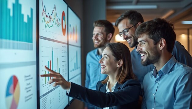 Smiling business team analyzes data on large screens in modern office. Professionals collaborate, discuss performance charts, graphs. Plan strategy, improve results, make decisions together in tech