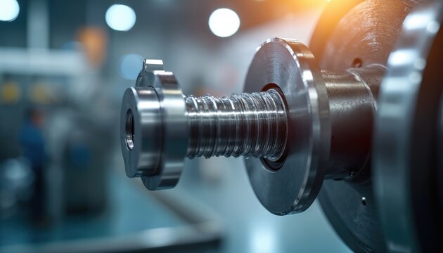 Close up of metal screw mechanism inside plastic extruder. Precision engineering and complex machinery for manufacturing processes in industrial factory. Automation and production.