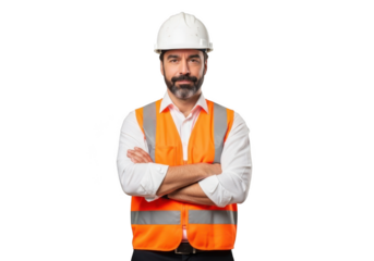 A construction worker wearing a white hard hat and orange safety vest with arms crossed isolated on transparent background