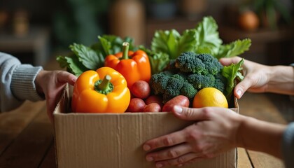 Hands transfer box full of fresh organic vegetables and fruits. Produce in cardboard box shows healthy nutrition concept. Someone delivering local market goods. Food exchange healthy lifestyle.