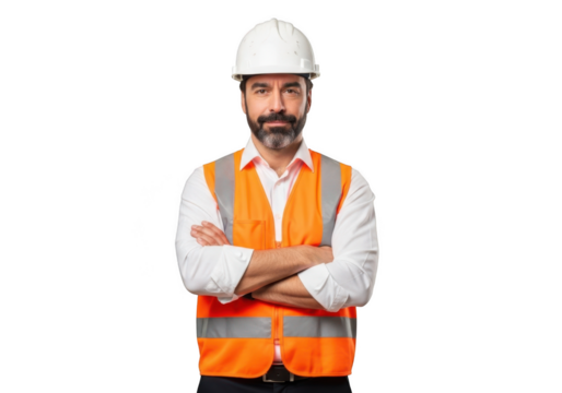 A construction worker wearing a white hard hat and orange safety vest with arms crossed isolated on transparent background