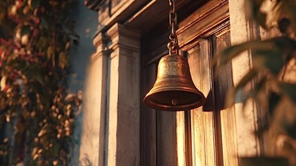 Obraz premium Old brass doorbell hanging on a rustic wooden door, bathed in warm golden light, symbolizing tradition, entrance, and homeliness in a classic setting with creeping vines