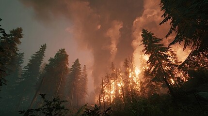 Wildfire burning green trees and towering pines in a dense forest, creating a large dark smoke plume filling the sky and causing environmental disaster