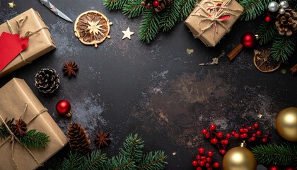 Christmas gifts and decorations flatlay.