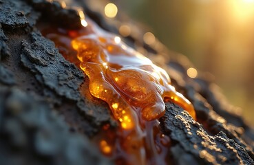 Bright amber resin liquid slowly flows down rough textured tree bark. Sunlight catches sticky substance on wood. Natural organic material heals pine forest trees. Closeup shows nature details on