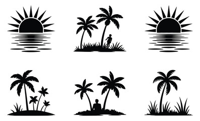 Obraz premium Tropical island silhouettes, palm trees, sun, ocean, people. Vector