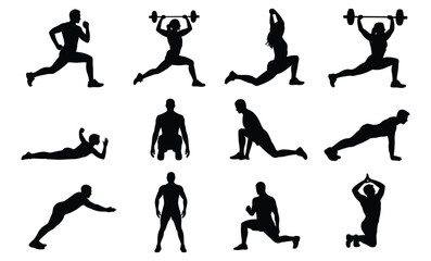 Dynamic fitness exercises: diverse human workout silhouettes Vector