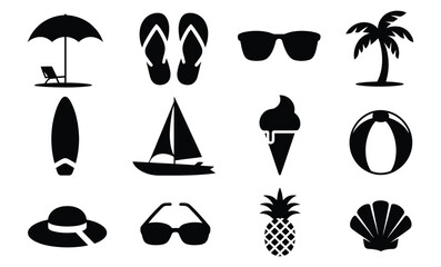 Summer vacation beach holiday travel essential icons set Vector